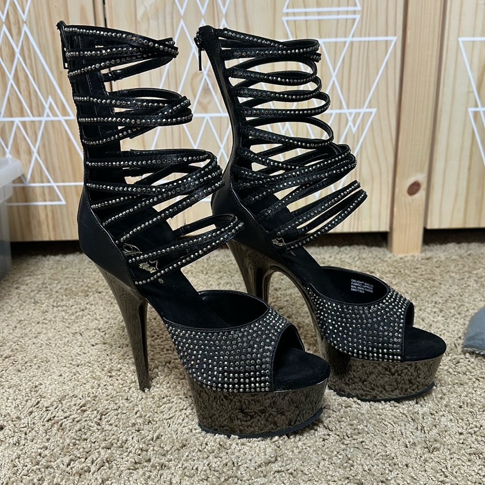 Pleaser platform heels. Black with rhinestones and pewter chrome platform 8